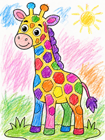 子供の自由な発想でクレヨン塗りしたキリンの塗り絵サンプル