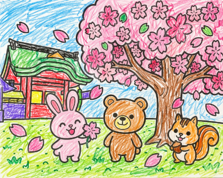 京都御所のお花見塗り絵見本。明るい色使いで賑やかな雰囲気に仕上げた例