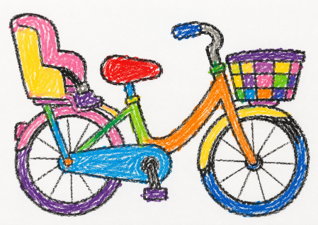 ママチャリの塗り絵見本。ピンクのチャイルドシートやカラフルなカゴで塗ったバージョン