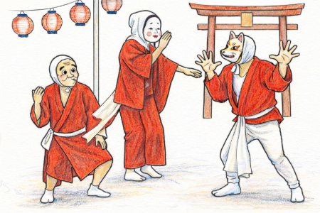 日向ひょっとこ夏祭りの塗り絵見本。赤い着物と豆絞りの手ぬぐいが鮮やかな配色