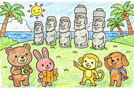 宮崎モアイ像の塗り絵見本。海と空を鮮やかな青で塗った爽やかな日中の風景