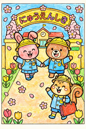 入園式の塗り絵見本。青い制服と黄色い帽子で明るく丁寧に塗った色鉛筆画