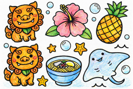 沖縄塗り絵の見本。赤や黄色、青をはっきり使った元気なトロピカルカラー