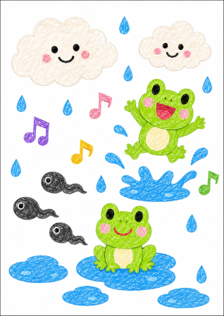 カエルと水たまりの塗り絵見本（はっきりした色合い）