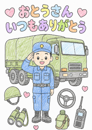 自衛官の父の日塗り絵見本。オリーブドラブのトラックと濃いブルーの制服のはっきりした元気なサンプル