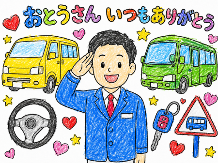 送迎ドライバーの父の日塗り絵見本。黄色と緑の車体とはっきりした色合いの元気なサンプル