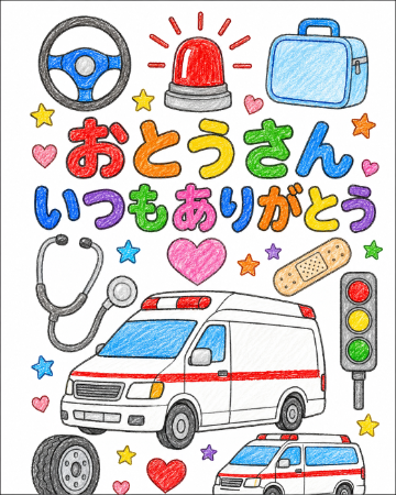 救急救命士の父の日塗り絵見本。白い車体に赤いラインが入ったはっきりした元気なサンプル
