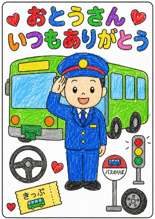 バス運転手の父の日塗り絵見本。青いバスとお父さんの制服がさわやかなサンプル