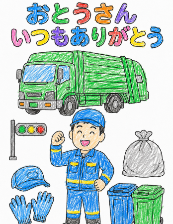 清掃作業員の父の日塗り絵見本。青い作業着と緑のゴミ収集車の元気なサンプル