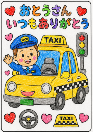 タクシー運転手の父の日塗り絵見本。黄色い車体とはっきりした色合いの元気なサンプル