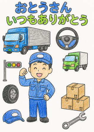 トラック運転手の父の日塗り絵見本。青い作業着と緑のトラックの元気なサンプル