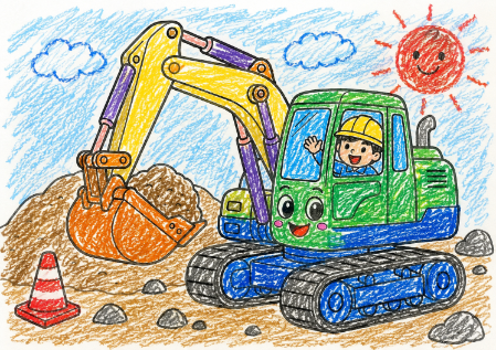 ショベルカーの塗り絵見本。黄色いアームと緑と青の車体で塗ったバージョン