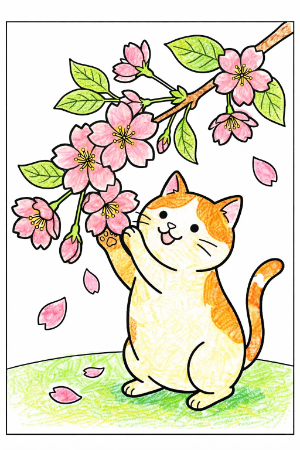 桜とネコの塗り絵見本。茶トラ白模様のネコの作例