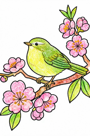 桜とウグイスの塗り絵見本。色鉛筆で鮮やかに塗られた作例