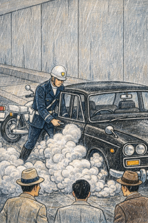 三億円事件の塗り絵見本。雨の降る中、煙に包まれる車と偽警官をリアルに塗った色鉛筆画風