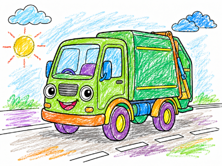 清掃車（ごみ収集車）の子供向け塗り絵見本。緑色の車体と晴れたお空