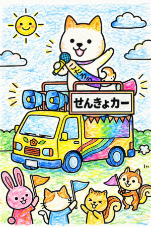 動物の選挙カー塗り絵見本。青空の下を走る白い車と元気なこたろう君