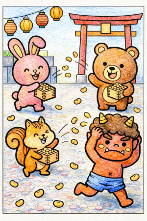 節分豆まき塗り絵の見本。赤や黄色を使い、元気で賑やかな雰囲気に