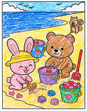 潮干狩りの塗り絵見本。クレヨンで力強く塗った元気な配色