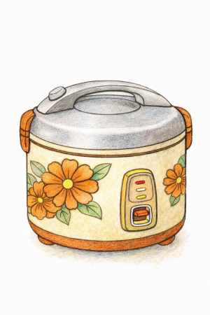 花柄炊飯器の塗り絵見本。クリーム色の本体にオレンジの大きな花柄を描いた定番カラー