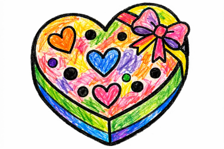 ハートチョコの塗り絵見本。赤い箱に茶色のチョコレートが入った王道のバレンタインカラー