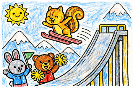 スキージャンプの塗り絵見本。青空を背景に、カラフルなスキー板とウェアで飛ぶ動物たちのイラスト