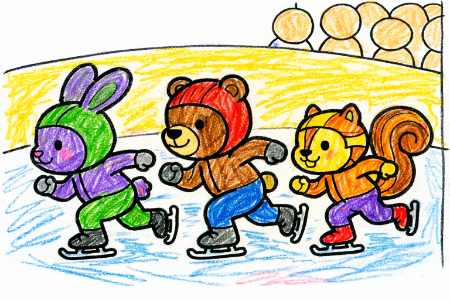 スピードスケートの塗り絵見本。赤や青のレーシングスーツを着た動物たちが競り合うイラスト