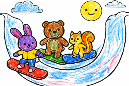 スノーボードの塗り絵見本。黄色やピンクのウェアを着た動物たちが青空の下で滑るイラスト