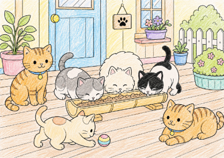 田代島の猫塗り絵見本。茶トラや黒猫など、カラフルで賑やかな雰囲気の仕上げ