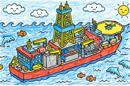 地球深部探査船の塗り絵見本。赤い船底と青い海、ニコニコした雲が浮かぶ明るい色使い