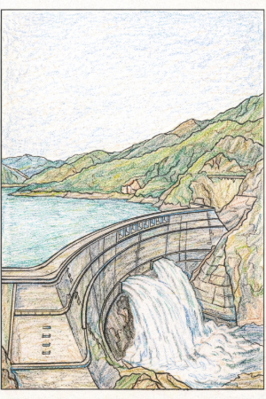 黒部ダムの塗り絵見本。岩肌やコンクリートの質感を色鉛筆でリアルに表現