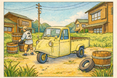 三輪トラックの塗り絵見本。黄色い車体と青空のコントラストが爽やかな昼間の風景