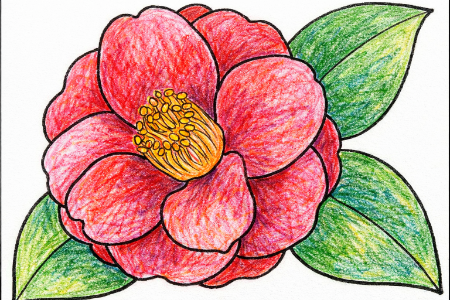 寒椿の塗り絵見本。濃い赤色の花と緑の葉でコントラストをつけた定番の色使い