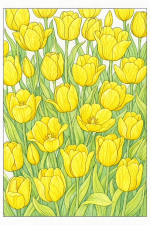 チューリップ畑の塗り絵見本。黄色をメインにした統一感のある配色