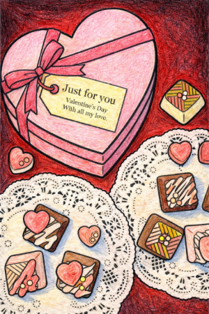 バレンタインのチョコレート塗り絵見本。赤い背景にピンクの箱、美味しそうなチョコを色鉛筆で表現