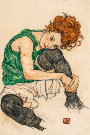 エゴン・シーレの塗り絵見本。背景や服に鮮やかな色を使ったモダンなアレンジ