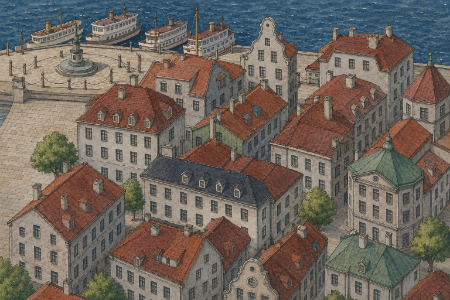 ガムラスタンの街並みの塗り絵見本。水彩画風の落ち着いた海沿いの風景