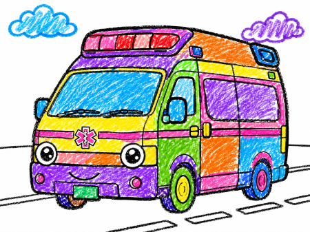 救急車（きゅうきゅうしゃ）の子供向け塗り絵見本。カラフルな虹色アレンジ
