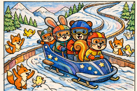 ボブスレーの塗り絵見本。青いソリに星のマークが入った、雪山に映えるクールなアレンジ