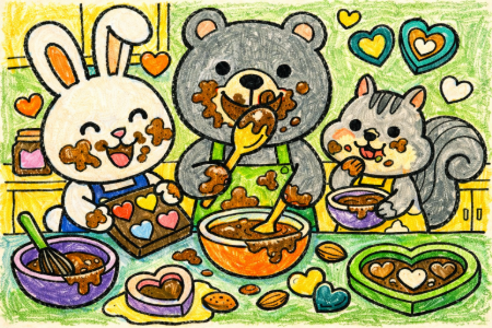 動物の手作りチョコ塗り絵見本。黄緑の壁紙でポップに。ハートの色もカラフルに表現