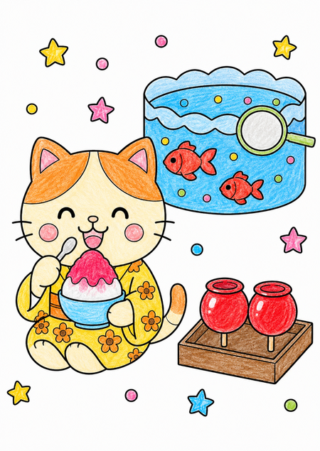 いちご味のかき氷がかわいいお祭りの思い出の塗り見本