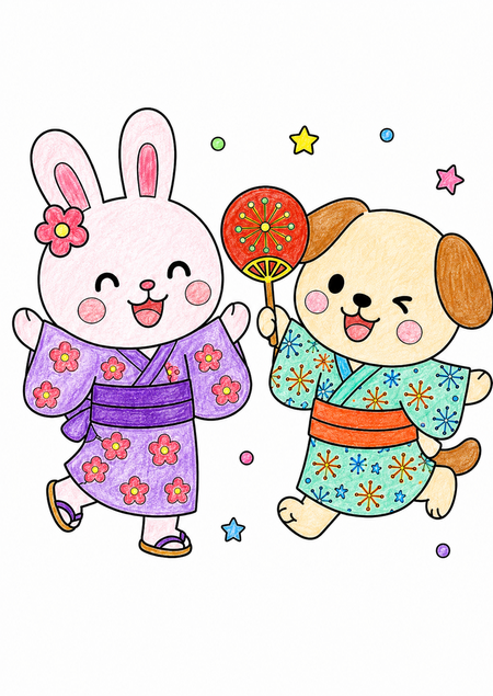 紫と水色の浴衣がやさしいお祭りの塗り見本
