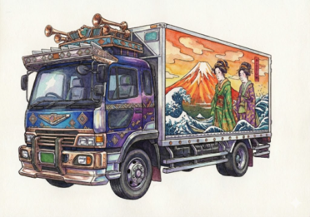 デコトラ塗り絵見本。パープルとブルーのグラデーションが美しい水彩風仕上げ