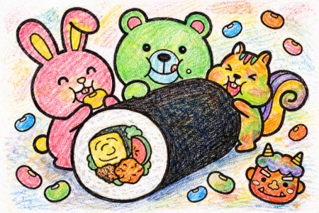 恵方巻と動物たちの塗り絵見本。ポップでカラフルな仕上がり