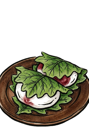 柏餅の塗り絵見本。あんこの色を透けさせて美味しそうに仕上げた水彩画風