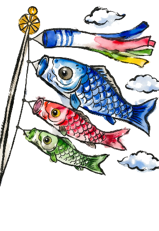 こいのぼりの塗り絵見本。明るい水色や緑を使った現代風の爽やかな配色