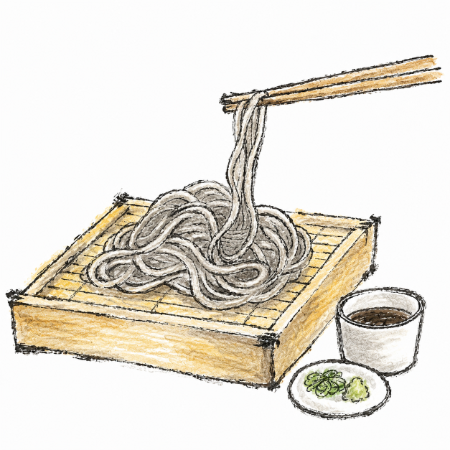 ざるそばの絵手紙風ぬりえ見本。水彩色鉛筆を使い、じわりとした滲みや透明感を出した風情ある作品