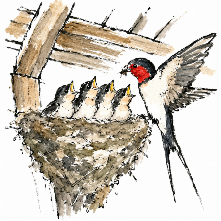 ツバメの巣の絵手紙風ぬりえ見本。親鳥の顔に鮮やかな赤を入れて印象的に仕上げた作品