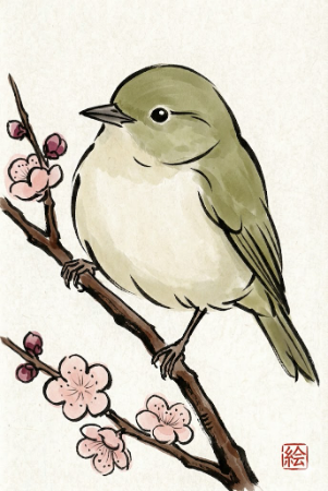 梅とウグイスの塗り絵見本。うぐいす色（メジロ風）の鮮やかな緑の羽と淡いピンクの梅の花
