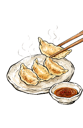 宇都宮餃子の塗り絵見本。深みのある茶色を使い、香ばしさを出した見本